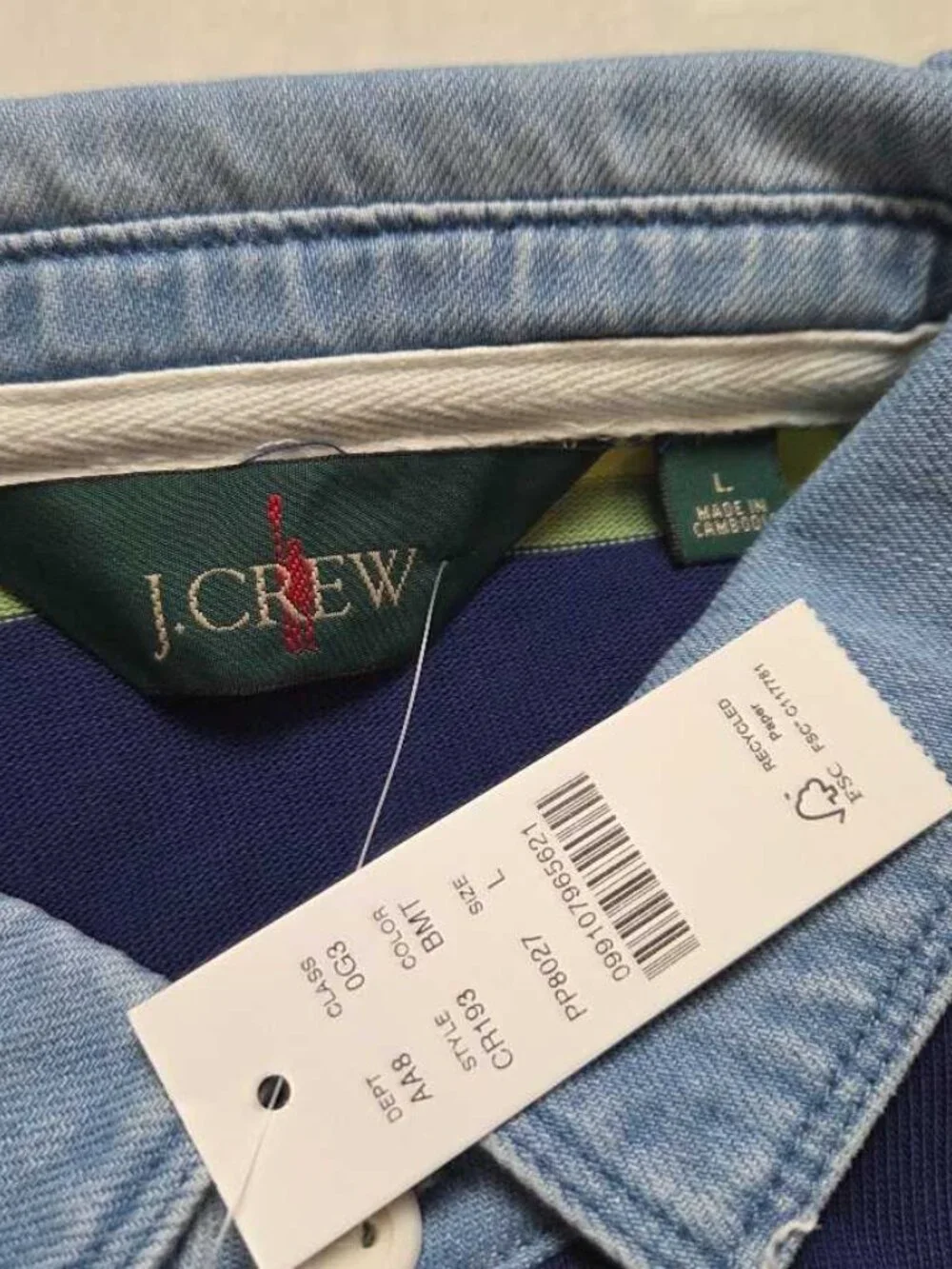 New L J.Crew Rugby longsleeve polo shirt in stripe with denim collar